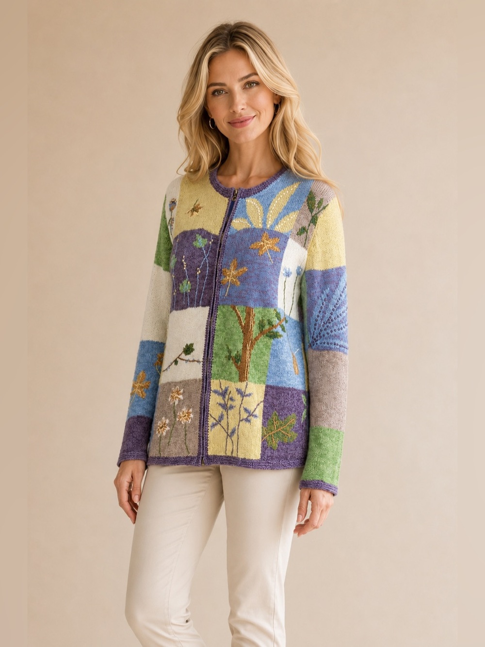 Northern Isles Embroidered Patchwork
Botanical Full Zip Cardigan Sweater, Medium
